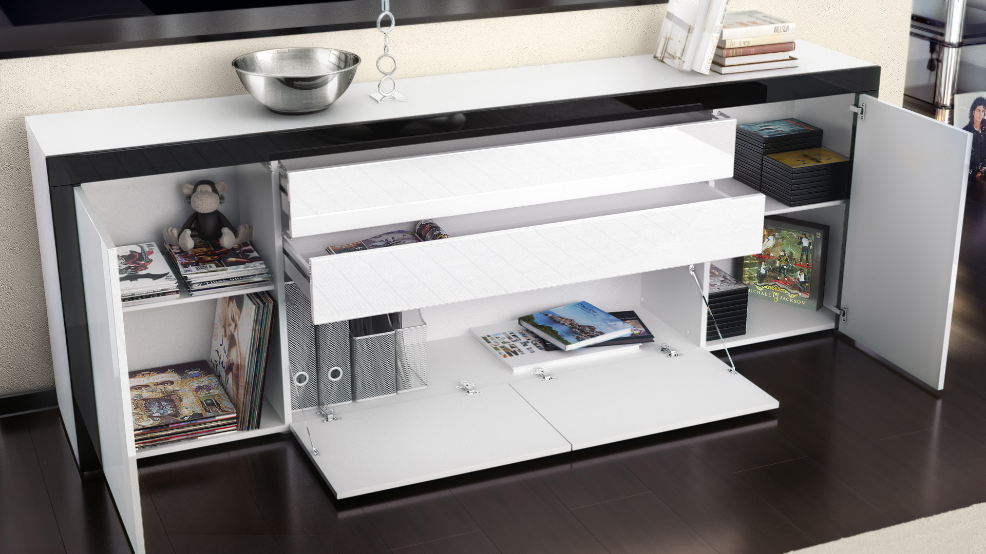 Sideboard La Paz V2 2 Schubkästen und 2 Klappen, Korpus Weiß matt Front Weiß Hochglanz & Sandgrau Hochglanz (200 x 72 x 35 cm)