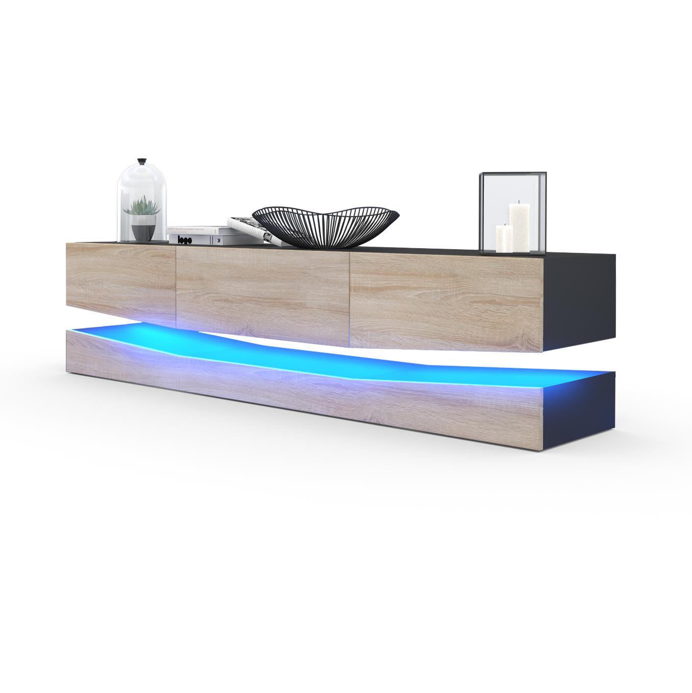 Lowboard City 1 offenem Fach und 3 Schubkästen Schwarz matt/Eiche Sägerau, inkl. LED-Beleuchtung (178xvariabelx39 cm)