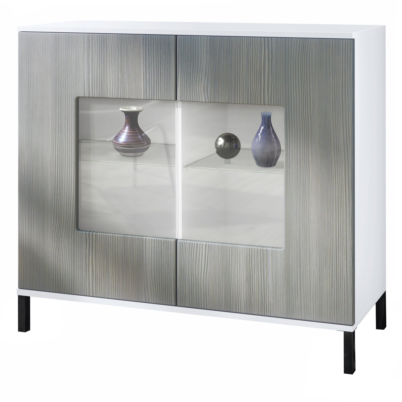 Grömitz V3 Kommode Weiß mit 2 großen Glastüren Weiß matt / Avola-Anthrazit (92,5 x 83.5 x 35)