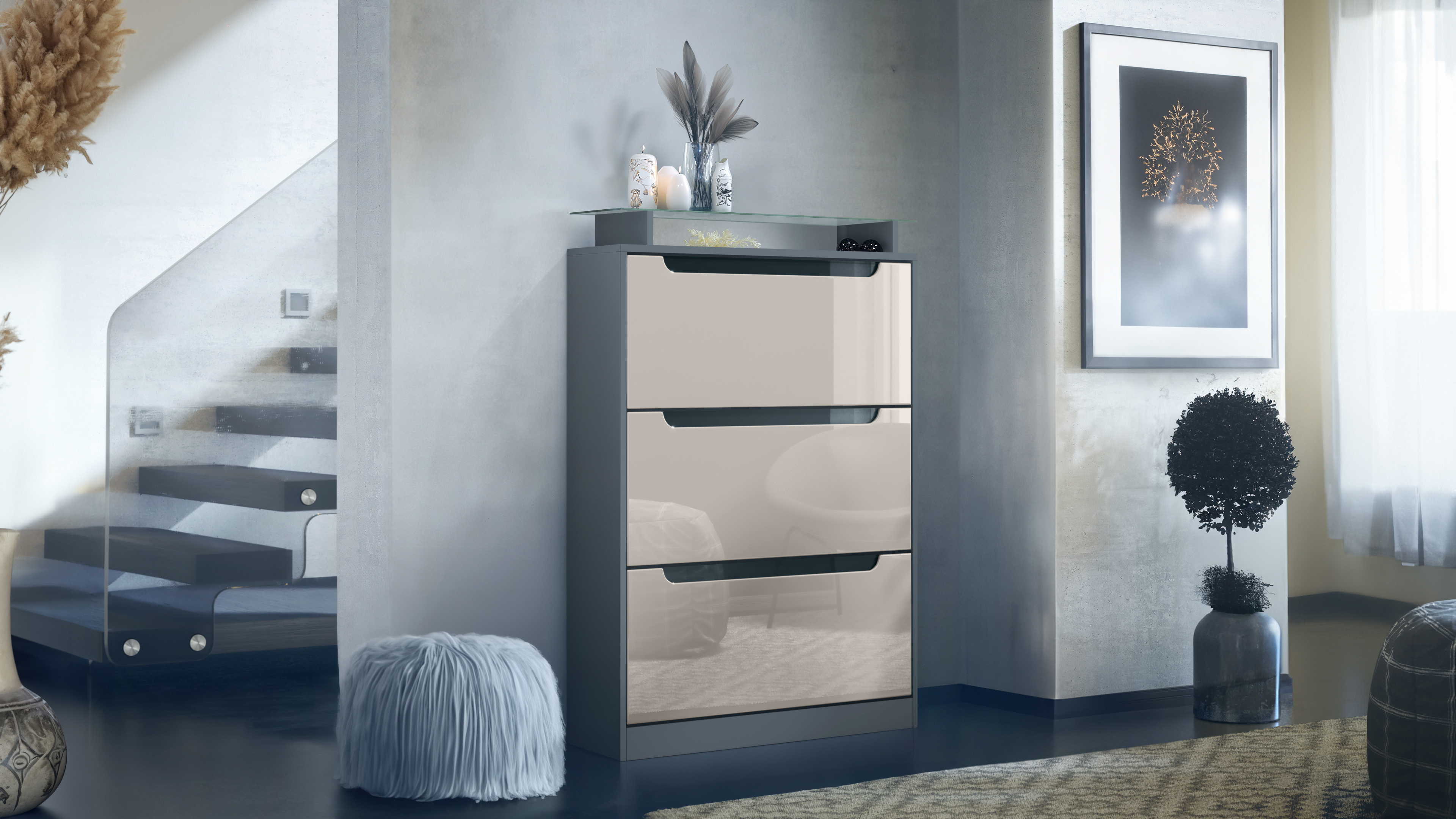 Space Schuhschrank Anthrazit matt für 24 Paar Schuhe mit 3 Klappen und Glasablage Anthrazit matt/Sandgrau Hochglanz (89 x 128 x 23 cm)
