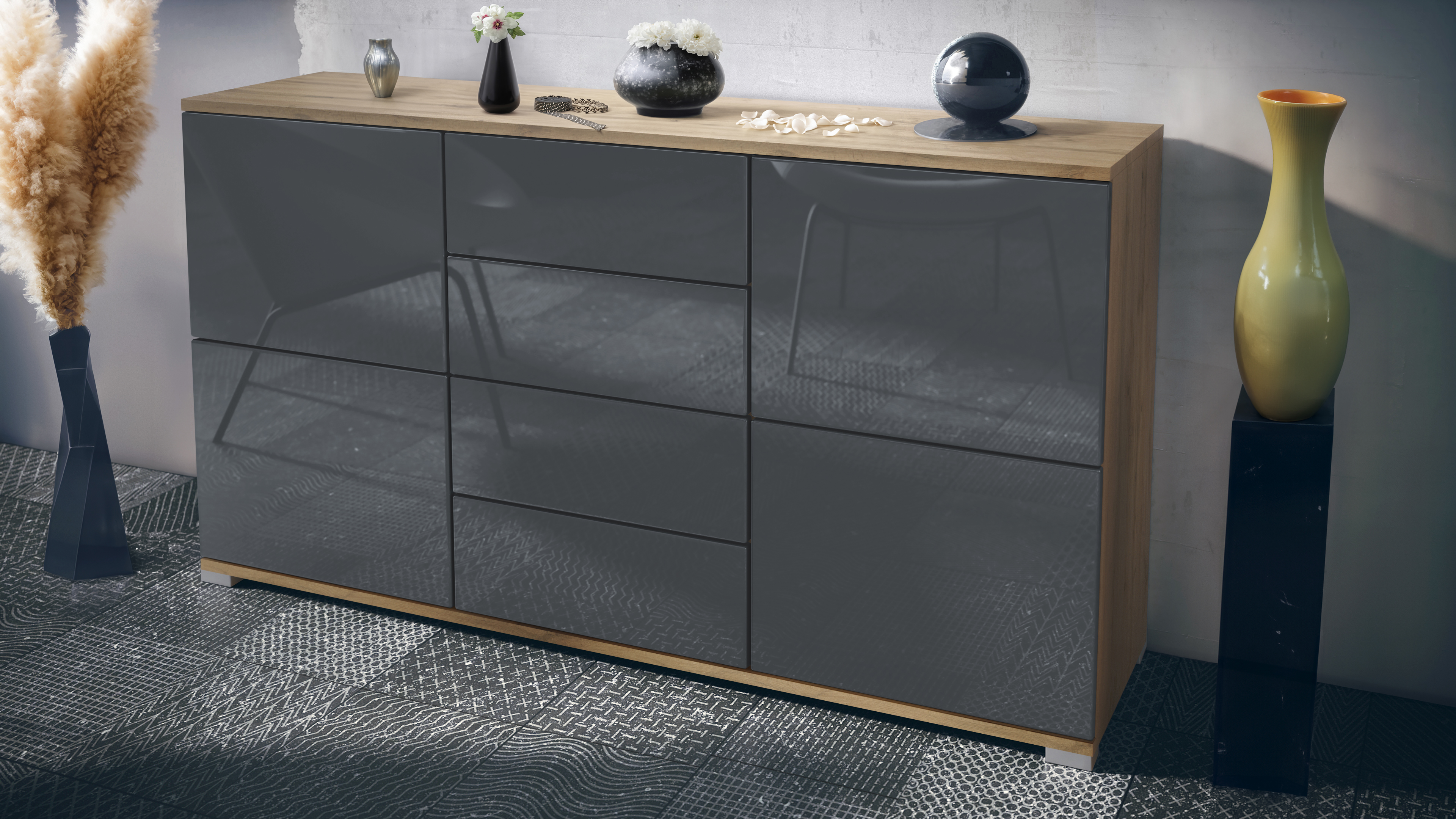 Sideboard Rova V1 4 Schubladen, Made in Germany, Eiche Evoke/Grau Hochglanz (138,5 x 75,5 x 35)