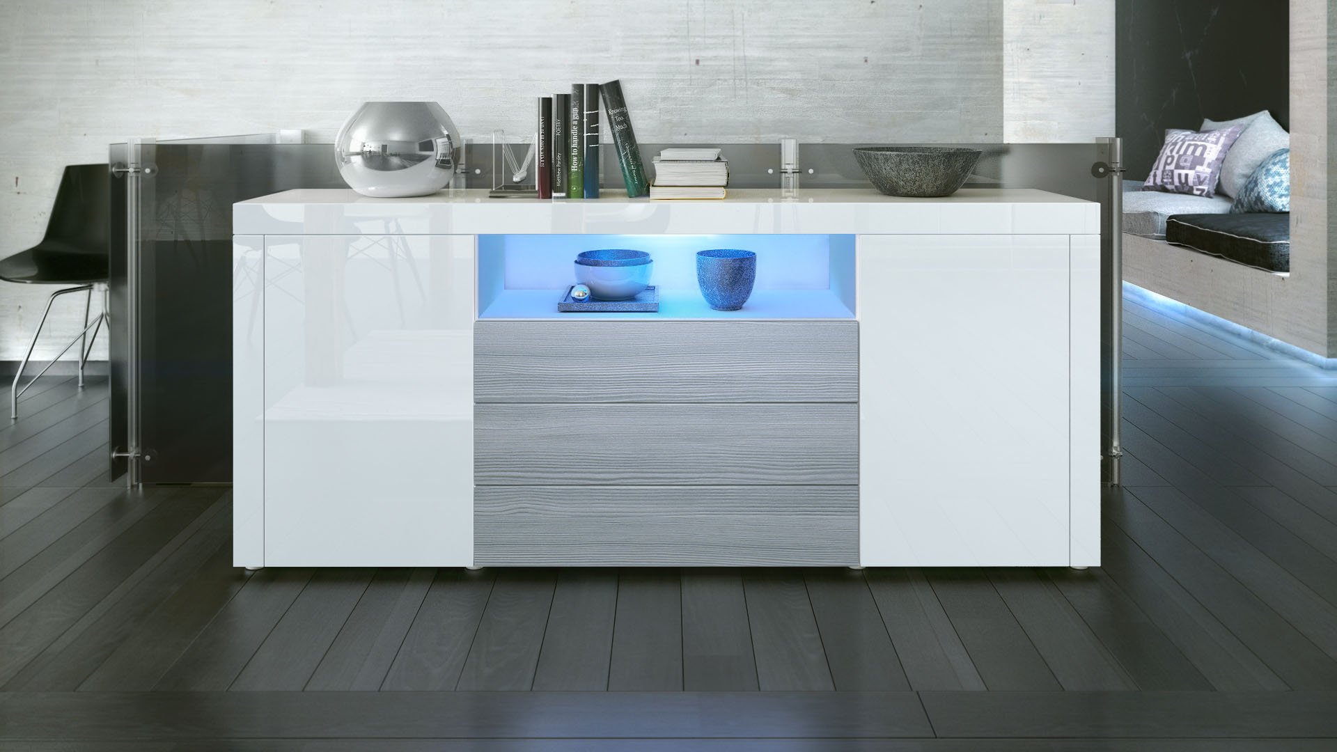 Sideboard Santiago mit 2 großen Türen und 3 Schubladen inkl. LED Weiß Hochglanz/Avola-Anthrazit (167 x 72 x 35 cm)