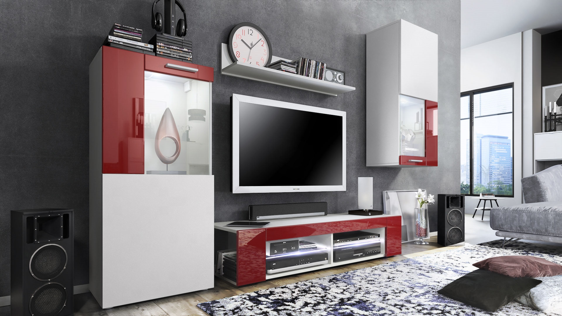 Wohnwand Movie 4-tlg. Weiß mit weißer LED  bestehend aus 1 TV-Board, 2 Vitrinen und 1 Regal Weiß matt/Weiß matt/Bordeaux Hochglanz mit Beleuchtung (300x190x39 cm)