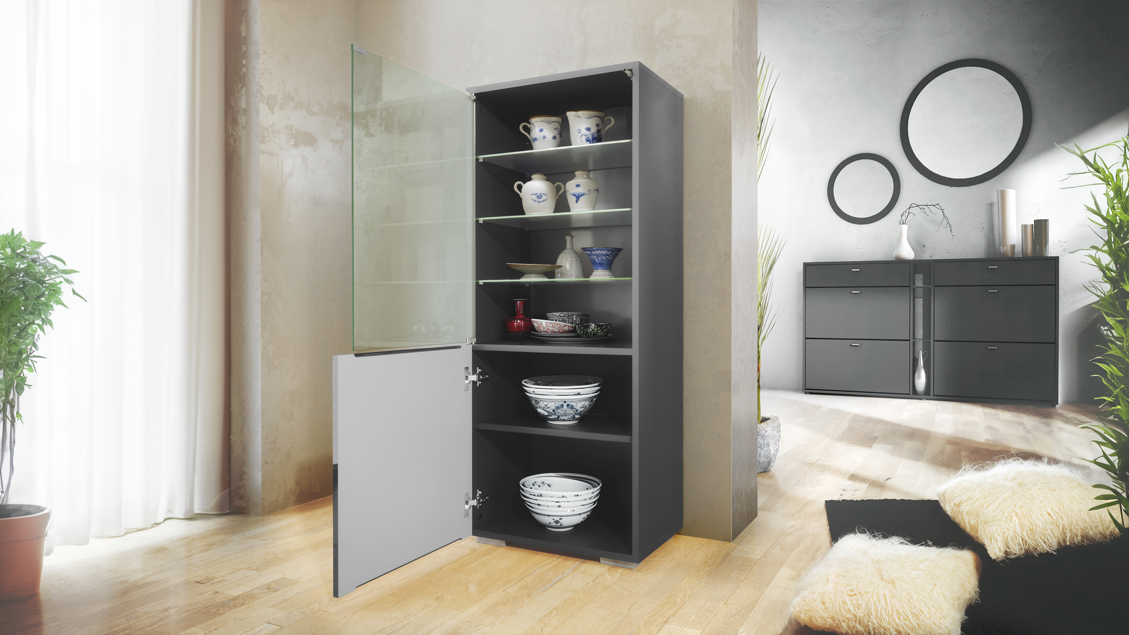 Granada Vitrine Anthrazit mit Glastür und Glaseinsatz Anthrazit matt/Beton Dunkel Optik (50 x 122,5 x 34,5 cm) | Beton Dunkel Optik