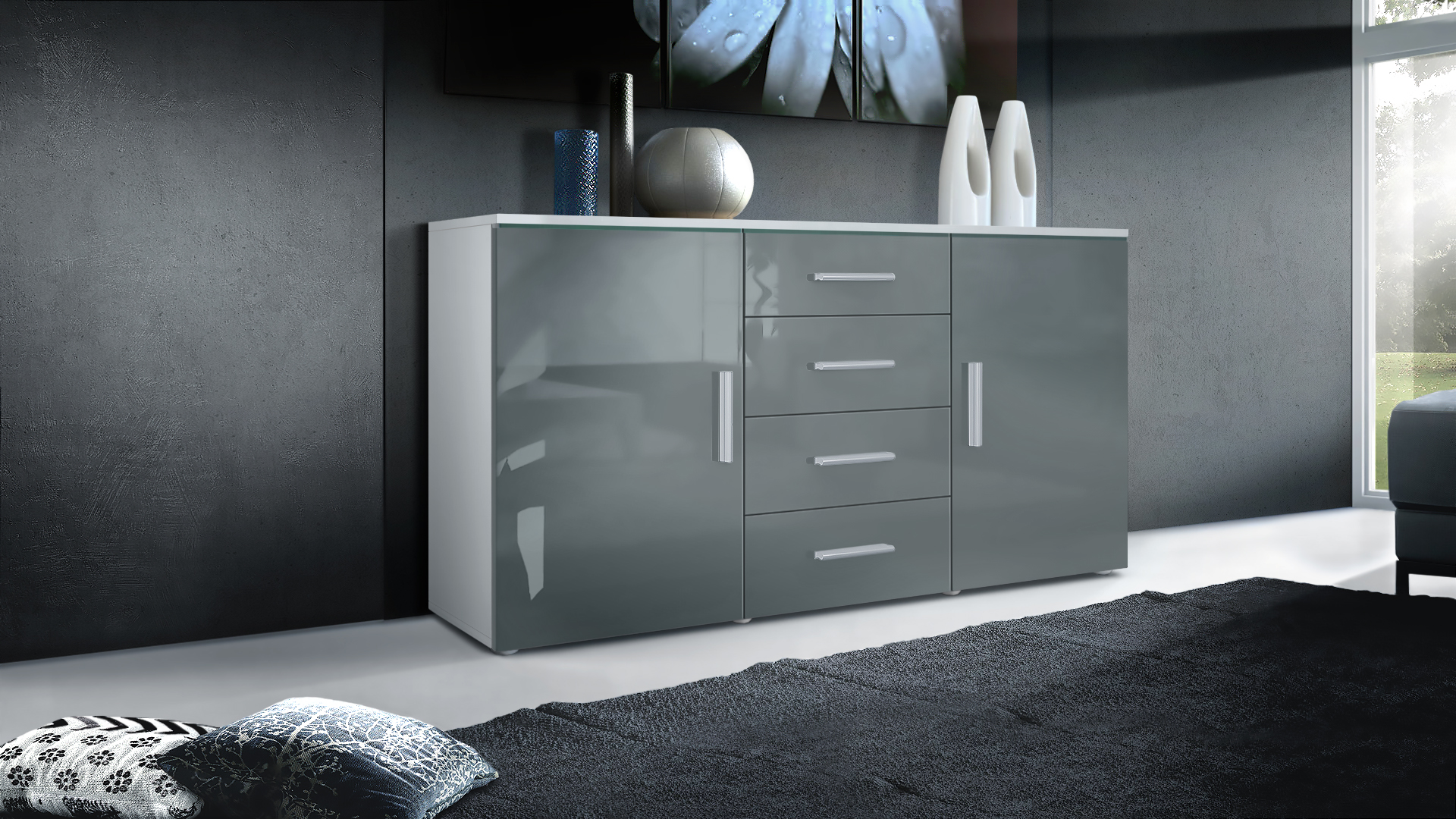Sideboard Faro mit 2 Türen und 4 Schubladen Weiß matt/Grau Hochglanz (139 x 72 x 35)
