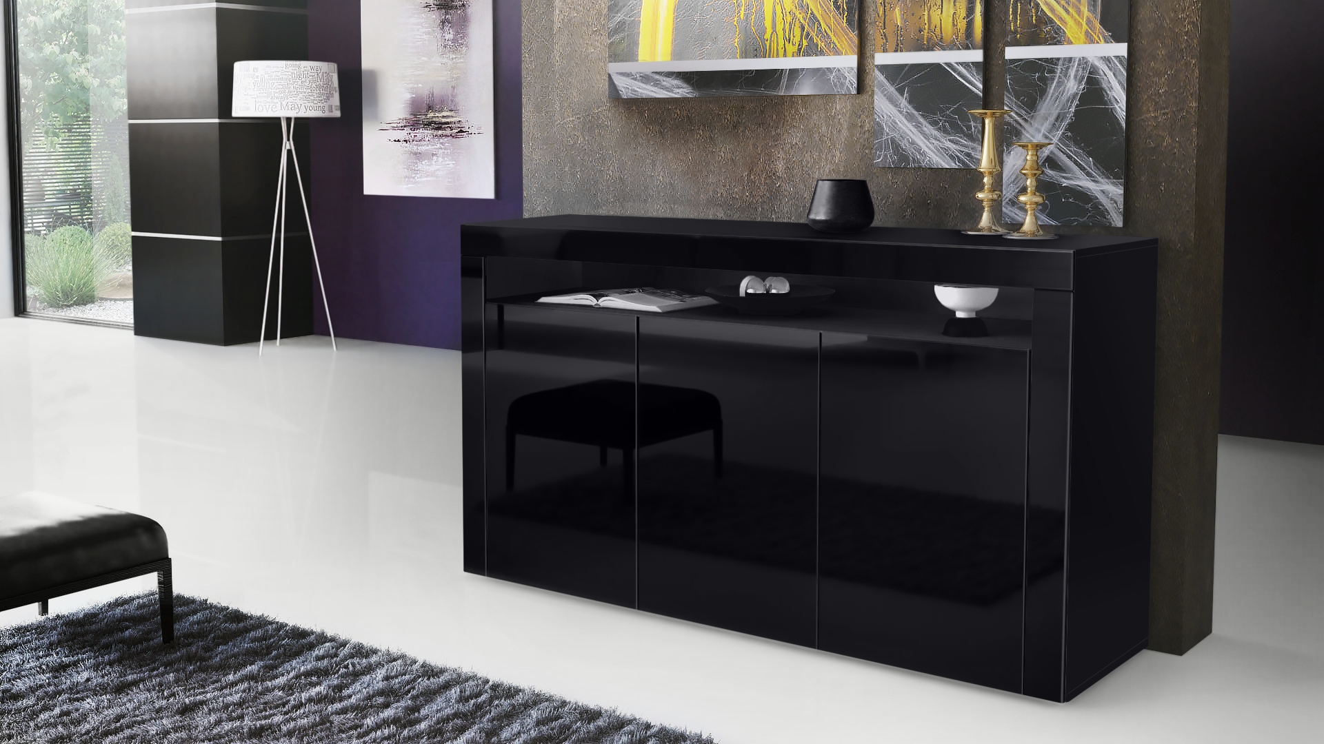 Sideboard Valencia mit 3 Türen und 1 offenem Fach Schwarz matt/Schwarz Hochglanz/Schwarz Hochglanz (155 x 92 x 40 cm)
