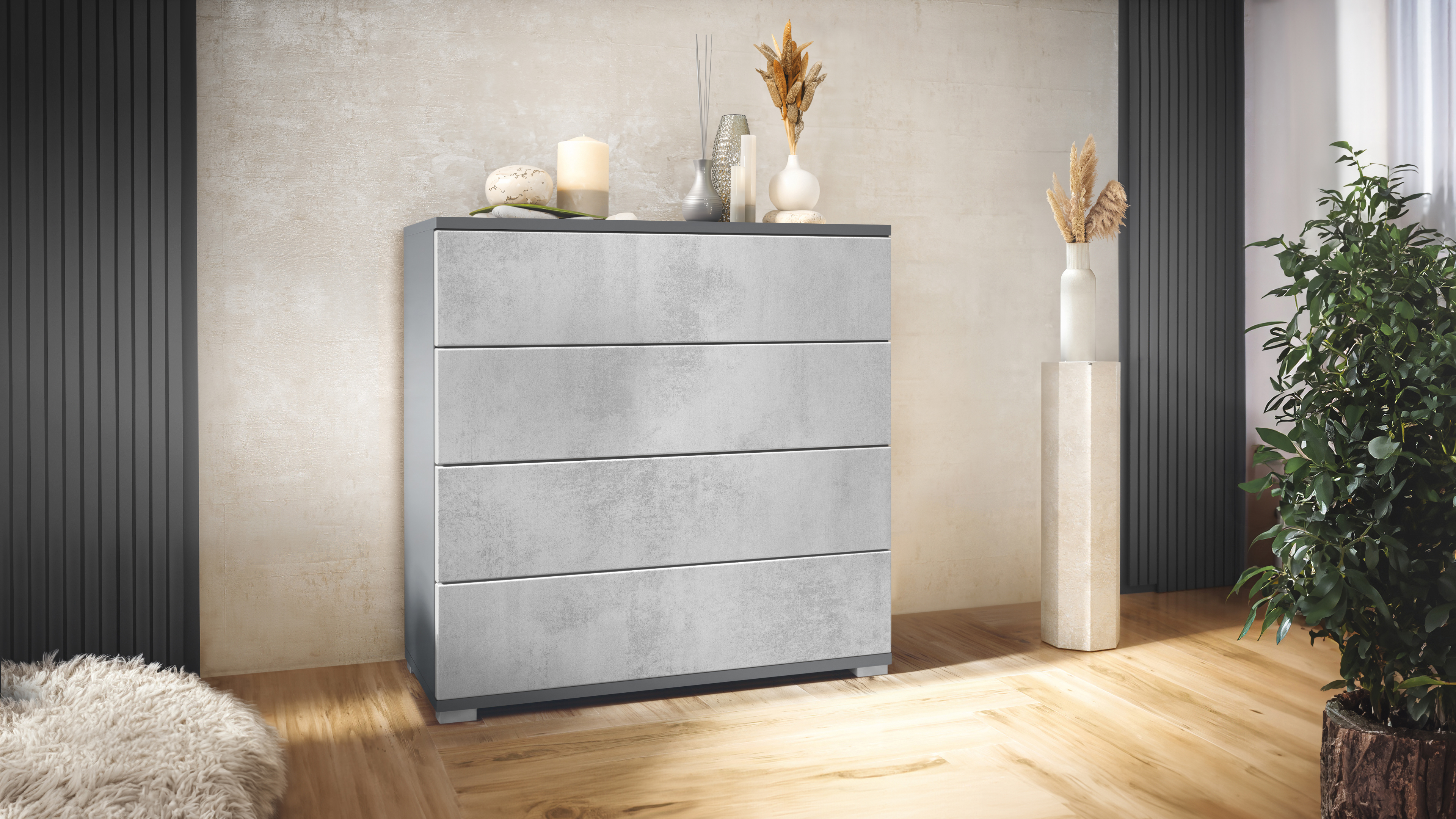 Kommode Pavos V3 Anthrazit mit 4 Schubladen Anthrazit matt/Beton Oxid Optik (76 x 76 x 35 cm)