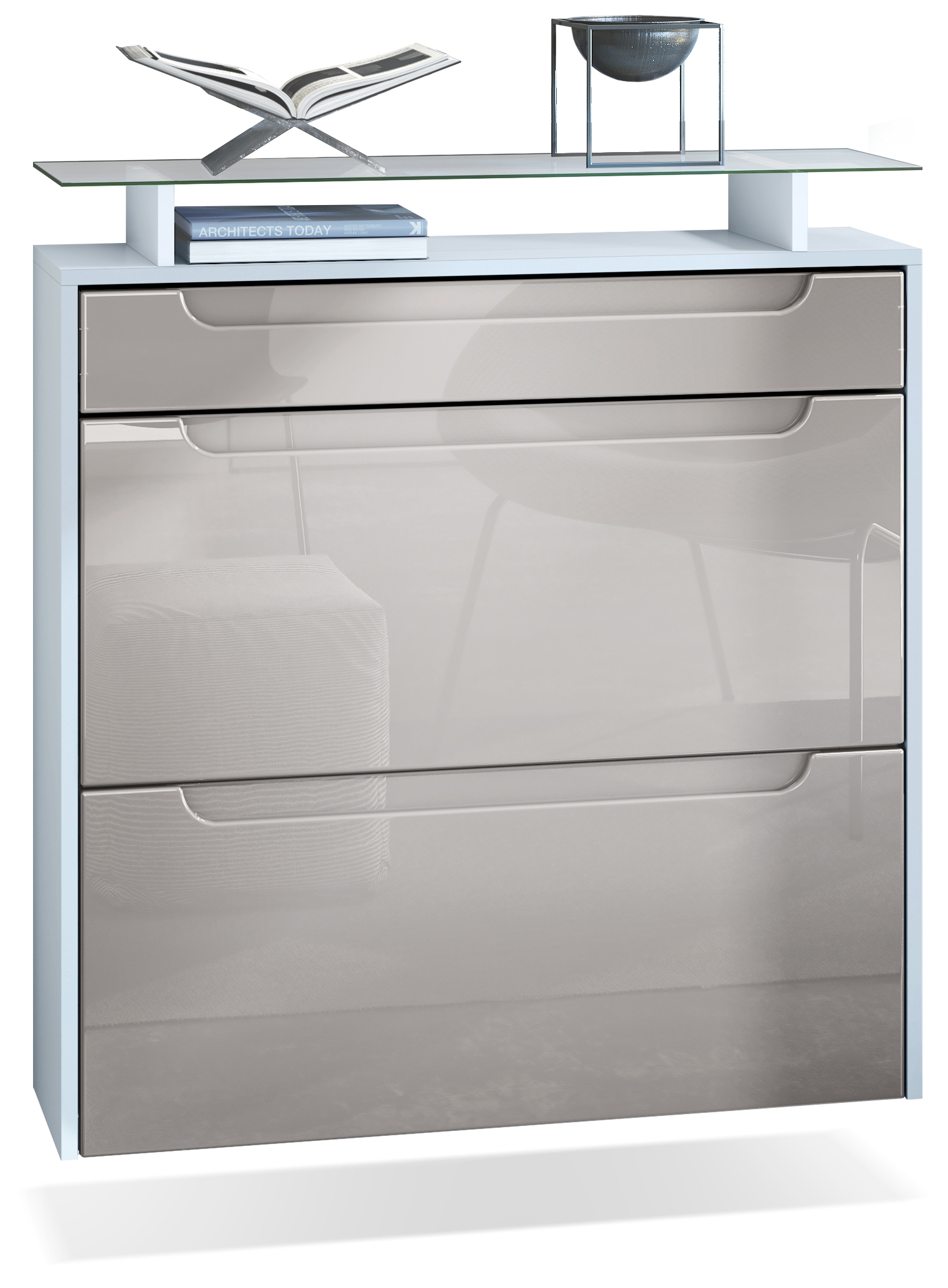 Schuhschrank Annie mit 2 Klappen, 1 Schublade und Glasablage Weiß matt/Sandgrau glänzend, Mulden in Sandgrau glänzend (89x96x23 cm)