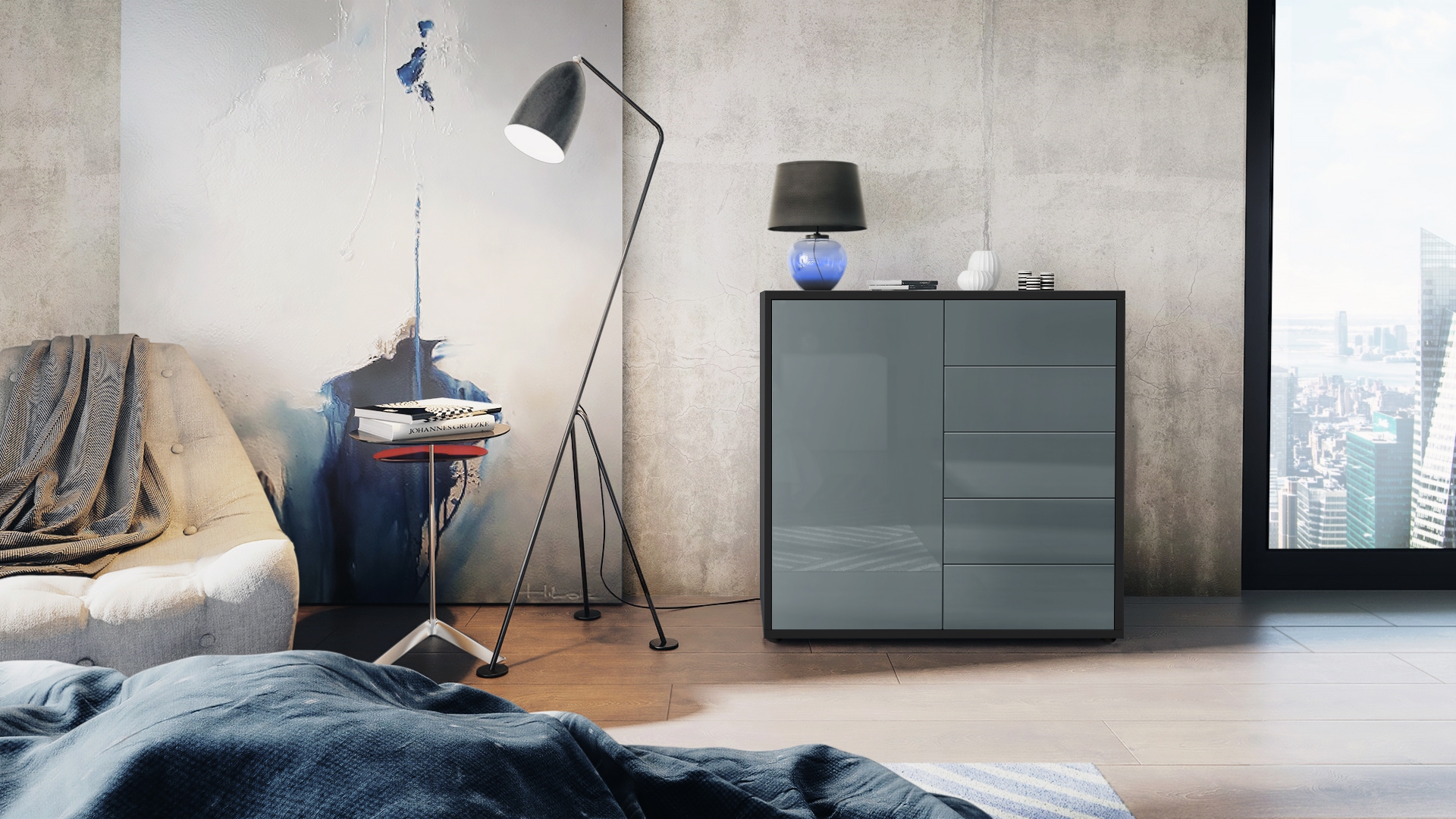 Kommode Ben V2  mit 1 Tür und 5 Schubladen Schwarz matt/Grau Hochglanz (79 x 74 x 36 cm)