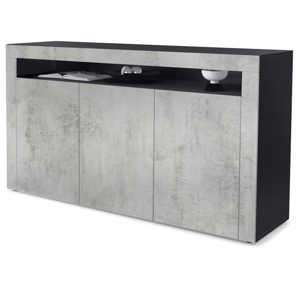 Sideboard Valencia mit 3 Türen und 1 offenem Fach Schwarz matt/Beton Oxid Optik/Beton Oxid Optik (155 x 92 x 40 cm)