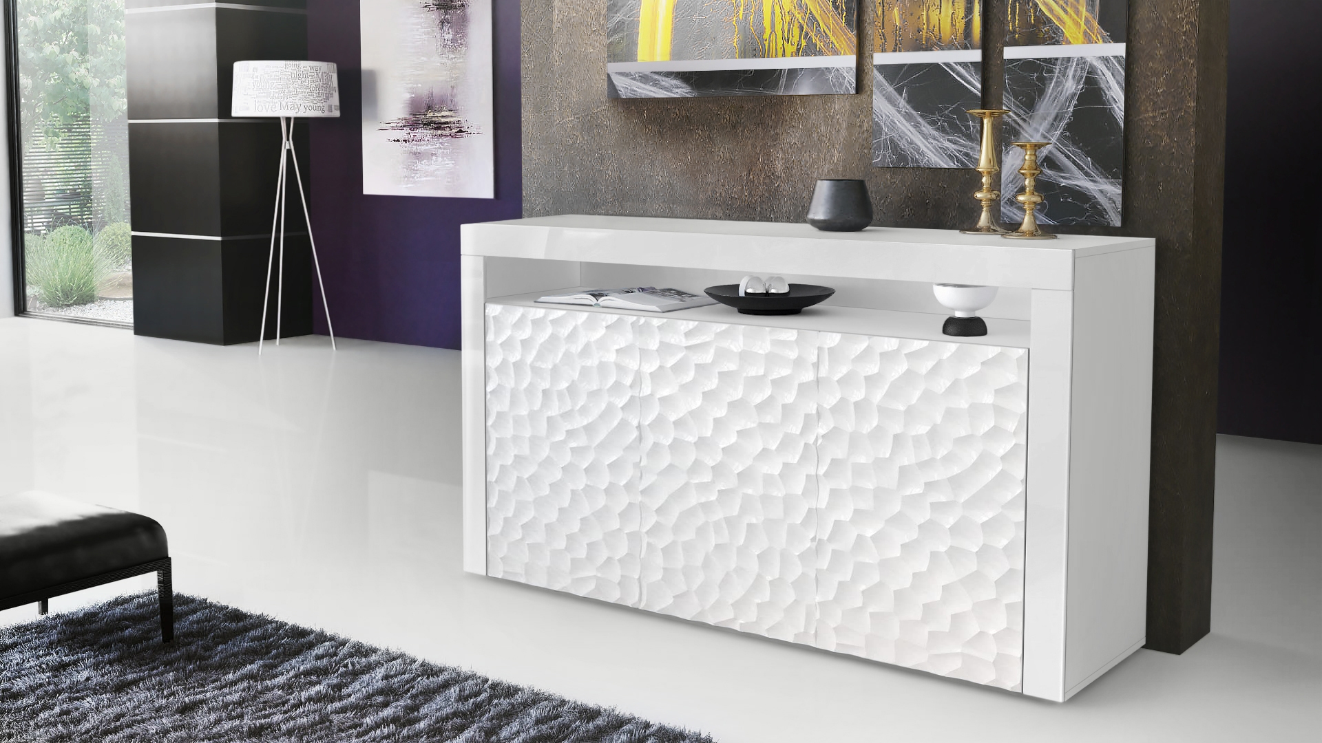 Sideboard Valencia  mit 3 Türen und 1 offenem Fach Weiß matt&glänzend mit 3D Struktur (155x92x40 cm)