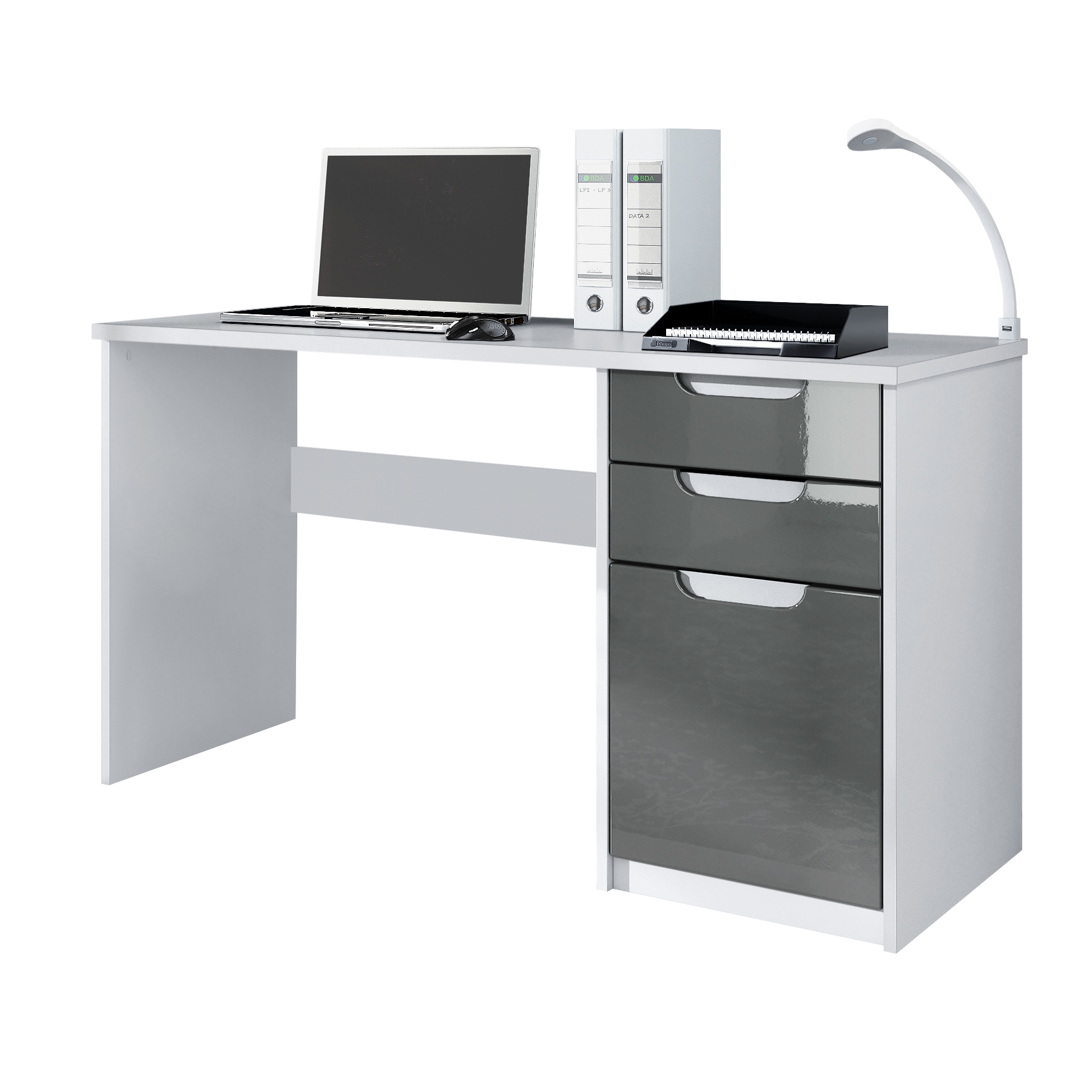Schreibtisch Logan mit 2 Schubladen und 1 Tür Weiß matt/Grau Hochglanz (129 x 76 x 60 cm)